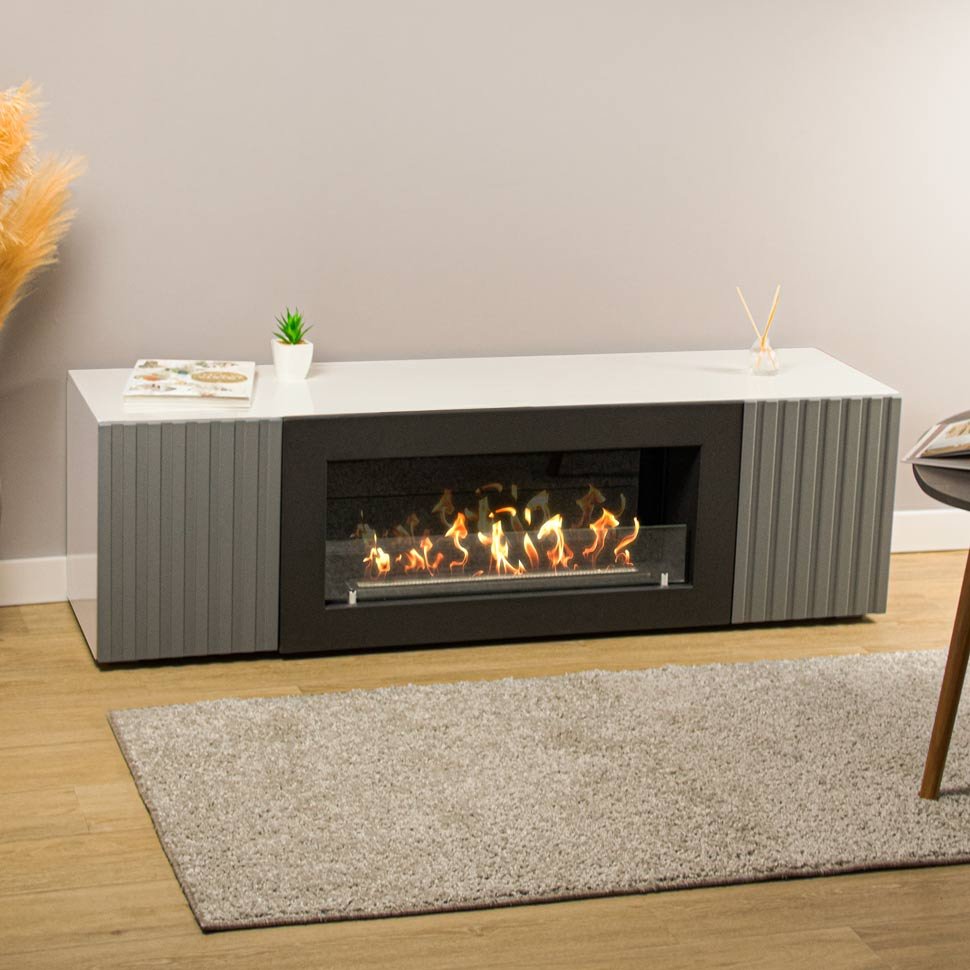 Тумба под ТВ с биокамином SteelHeat LIVORNO IMPULSE 140 см (корпус белый / фасады гротто гранит)